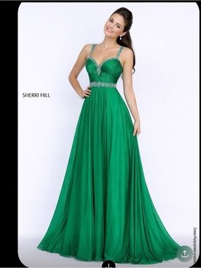 Sherri Hill Emerald Green Beaded Strap Prom Gown